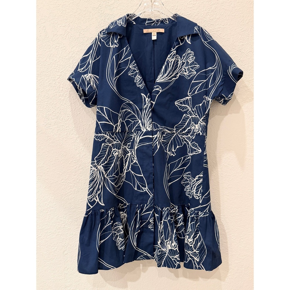 Hutch Birgin Dress M Navy White Floral Belted Shirt Dress Coastal Preppy Resort
